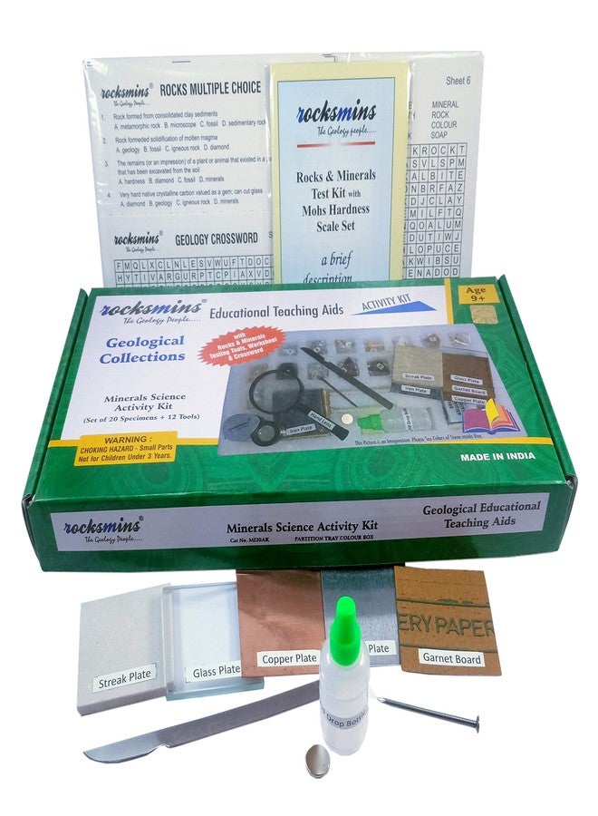 Rocksmins Minerals Science Activity Kit MI20ACPT with Testing Tools Worksheet Geology Puzzle 7 Sheets Set of 20 Handpicked Natural Minerals Specimens in Storage Tray Beautiful Colour Box for geology - Image 1